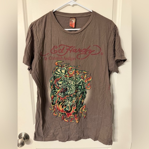Ed Hardy Other - Ed Hardy Vintage Y2K Men's Brown/Taupe Graphic Tee with Flaming Dragon  Large